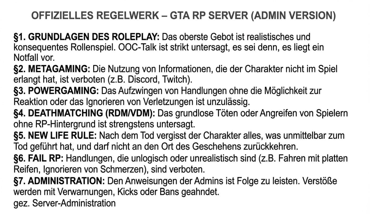 Offizielles Regelwerk-Dokument für GTA RP Server mit Beispiel-Regeln (Fail-RP, RDM, VDM, Metagaming, Powergaming)