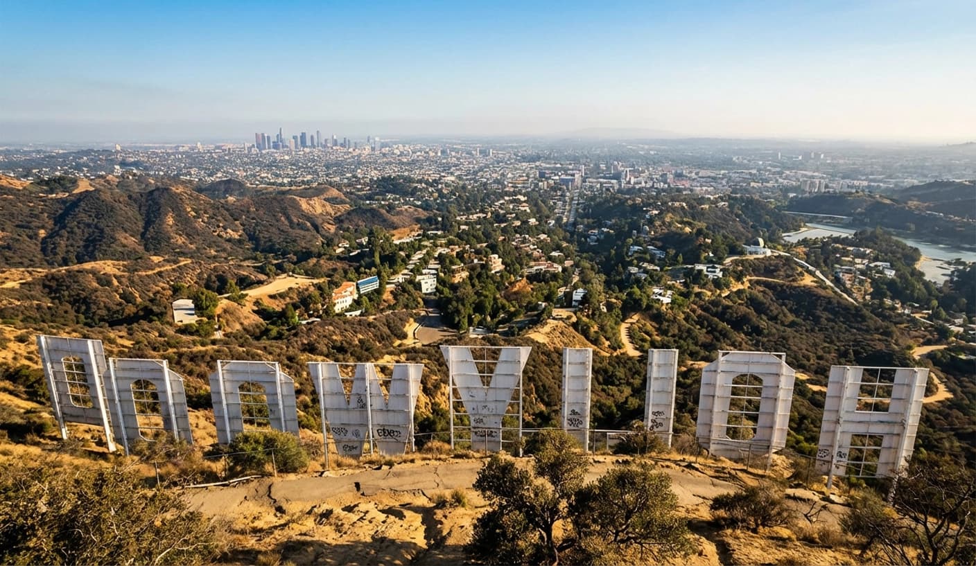 Hollywood-Schild auf Hügel mit Los Angeles Skyline im Hintergrund - Referenz für Vinewood-Schild Customizing
